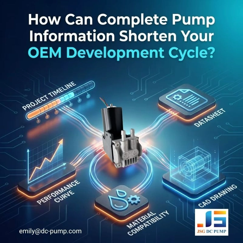 Infographic from JSG DC Pump illustrating how providing complete pump information—such as datasheets, CAD drawings, and performance curves—shortens the OEM development cycle for engineers.