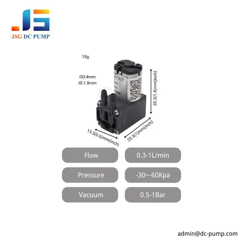 Tiny brushed diaphragm pump dimensions, weight, flow, pressure, and vacuum specification overview
