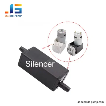 JSG pump silencer displayed beside compatible miniature DC pump designs.
