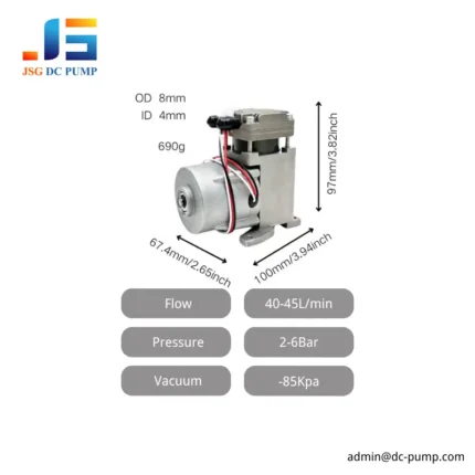 JSG08 pump specifications showing dimensions, port sizes, weight, flow, pressure and vacuum