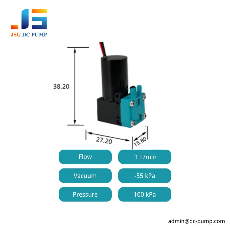 JSG16M brushless DC air pump size with 1 L/min flow, -55 kPa vacuum, and 100 kPa pressure