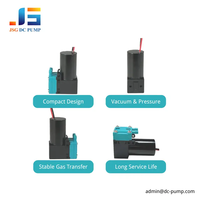 JSG16M Brushless Air Pump Core Features Four views of JSG16M brushless DC air pump showing compact design and gas-transfer functions