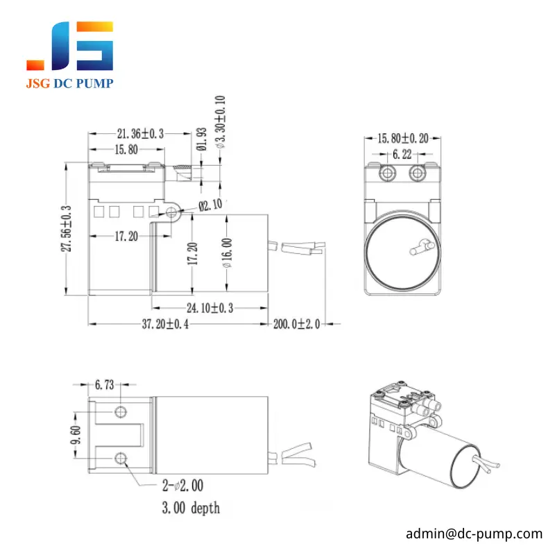 JSG16M brushless DC air pump dimensional drawing with port and mounting details