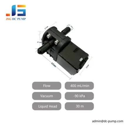 JSG18H pump specification graphic showing 400 mL/min flow and 30 m liquid head