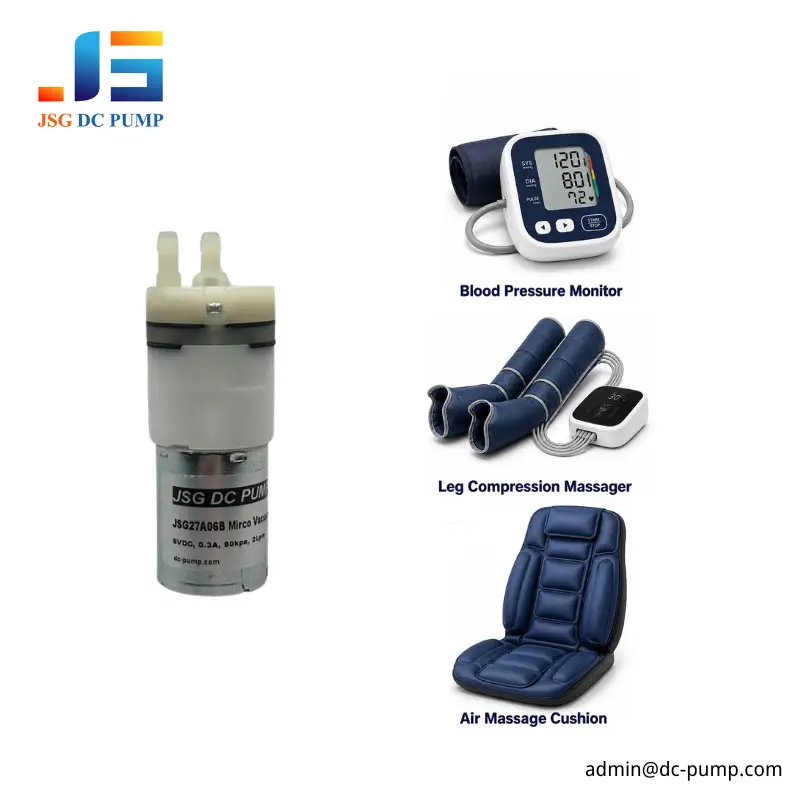 JSG27A06B 6V Micro Air Pump – Applications JSG27A06B 6V micro air pump with blood pressure monitor, leg compression massager and air massage cushion examples