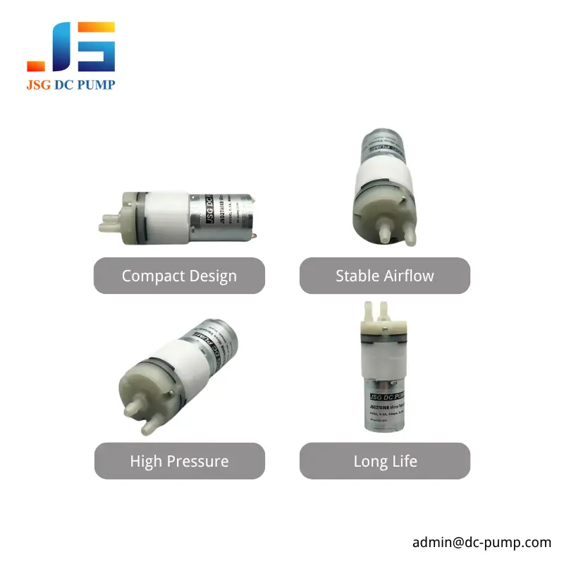 JSG27A06B 6V Micro Air Pump – Key Features Four views of the JSG27A06B 6V micro air pump highlighting its compact design and pressure capability