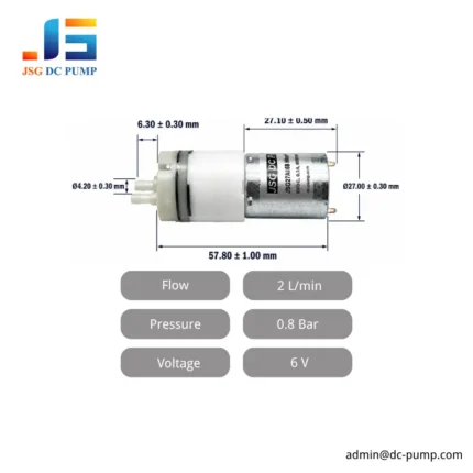 JSG27A06B 6V micro air pump specification graphic with dimensions, airflow and maximum pressure