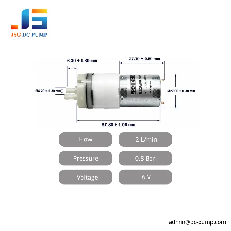 JSG27A06B 6V Micro Air Pump – Specifications JSG27A06B 6V micro air pump specification graphic with dimensions, airflow and maximum pressure