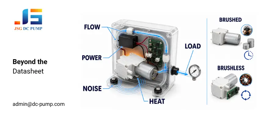 Micro pump system evaluation for flow, power, noise, heat and load with brushed and brushless options