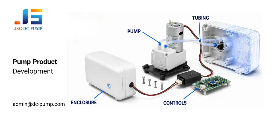 Pump product development system showing the micro pump, enclosure, tubing and electronic controls
