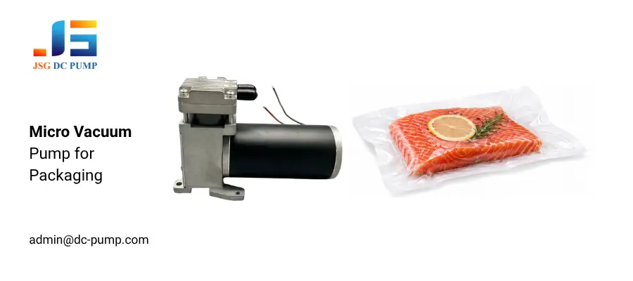Micro vacuum pump for vacuum packaging beside a sealed salmon package