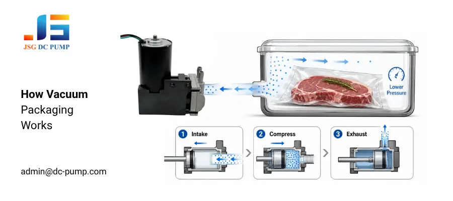 Piston vacuum pump working cycle for food packaging