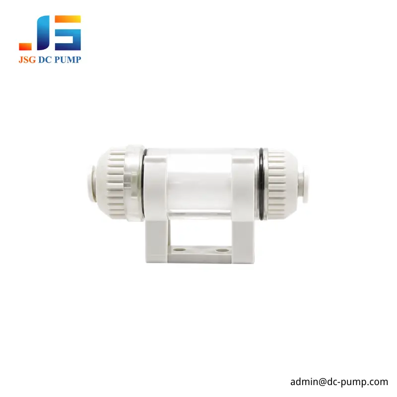 Pressure vacuum filter front view with transparent housing and mounting bracket