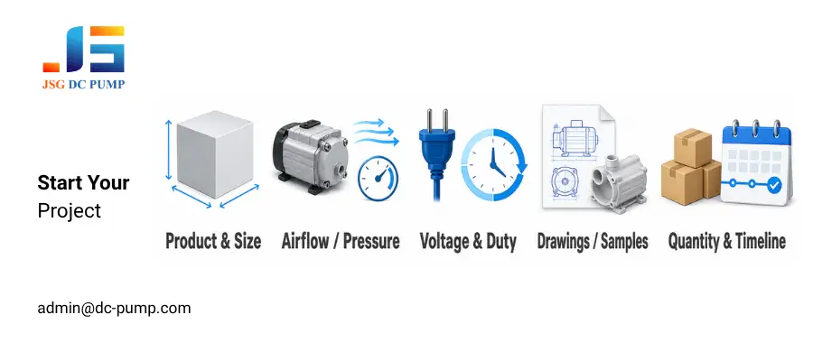 Product development project requirements covering size, airflow, pressure, voltage, drawings, quantity and timeline