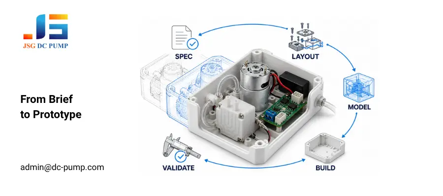 Pump prototype development cycle from specification and layout to 3D model, build and validation