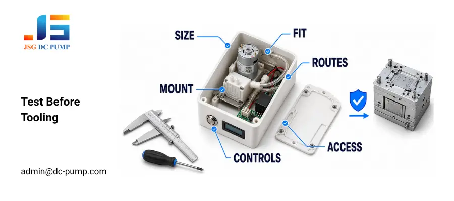 Pump enclosure prototype tested for size, fit, mounting, tubing routes, controls and access before tooling