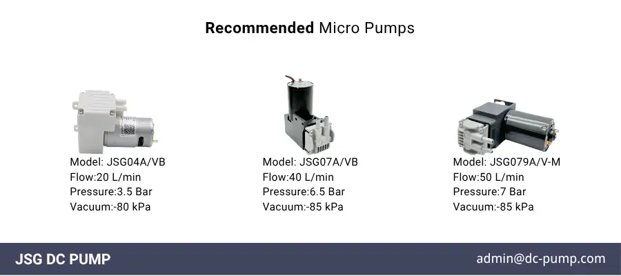JSG04A/VB, JSG07A/VB and JSG079A/V-M micro pumps with flow, pressure and vacuum ratings