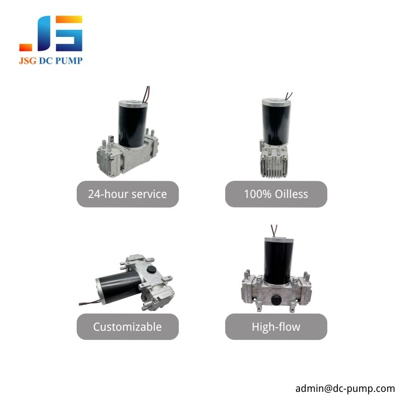 BD-08A/V-D High-Flow Pump Features Four views of the BD-08A/V-D DC piston air pump highlighting high flow and OEM customization