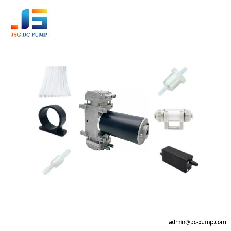 DC Piston Air Pump Accessories DC piston air pump with optional tubing, mounting clamp and inline pneumatic components
