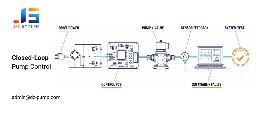 Closed-loop pump control system with drive power, PCB, pump, valve, sensor feedback, and software testing