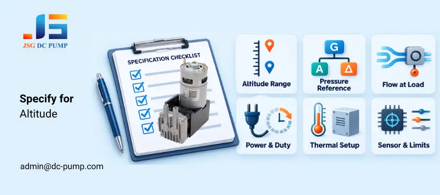 High-altitude micro pump specification checklist covering pressure, flow, power, temperature, and sensors