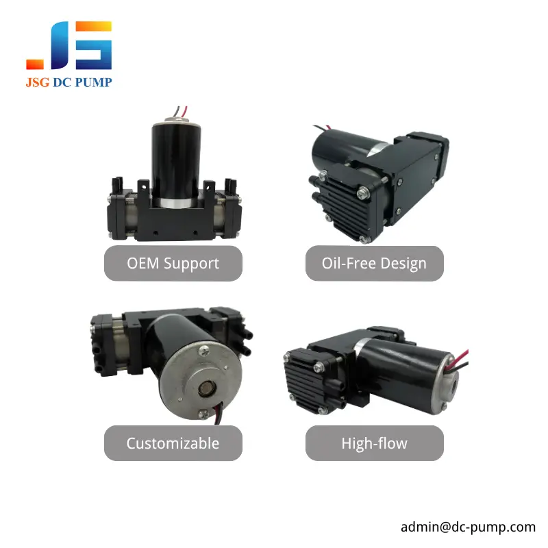 JSG08 Dual-Cylinder Piston Pump Features JSG08 dual-cylinder piston pump showing OEM support, oil-free design, customization and high-flow capability