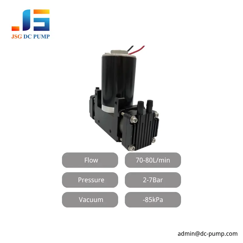 JSG08 dual-cylinder piston pump specifications: 70–80 L/min flow, 2–7 bar pressure and -85 kPa vacuum