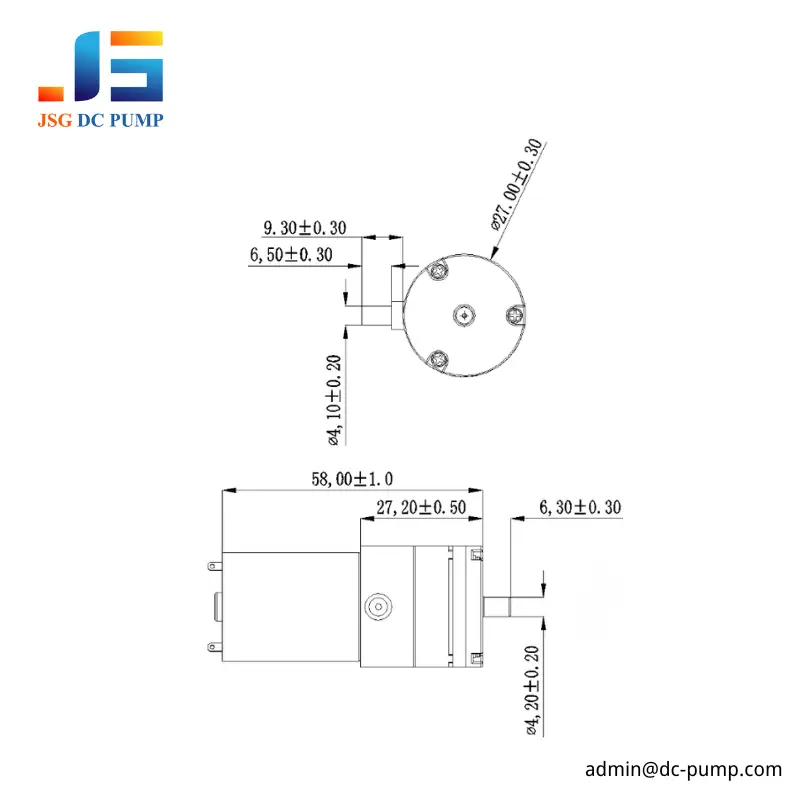 JSG27B06C mechanical drawing with 58 mm length and 27 mm diameter