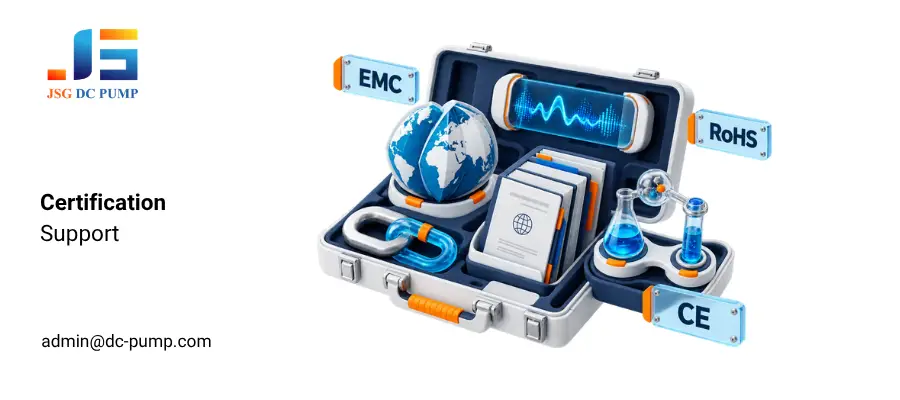 Pump certification support for EMC, CE, RoHS, technical documentation, and compliance testing