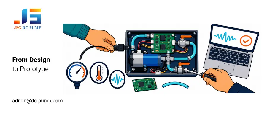 Pump system prototype development with PCB, tubing, sensors, testing instruments, and software verification