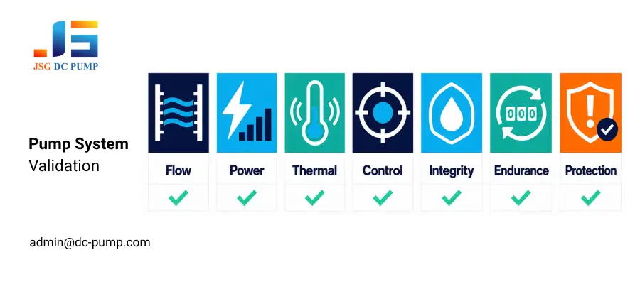 Pump system validation covering flow, power, thermal performance, control, integrity, endurance, and protection
