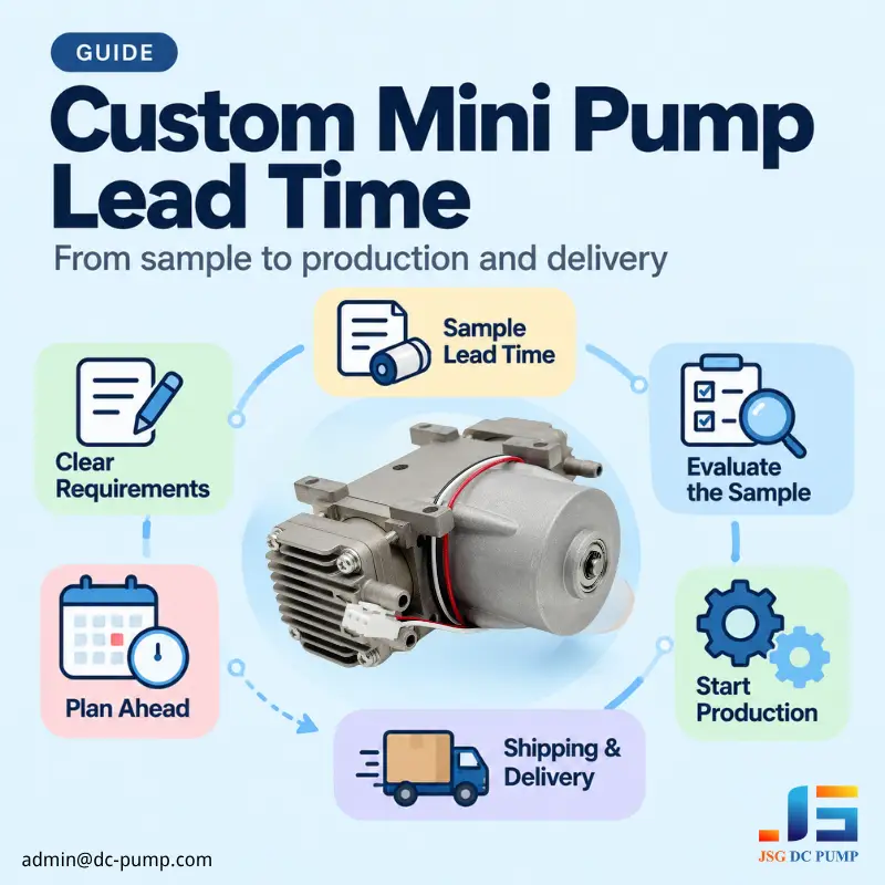 JSG custom mini pump lead time guide showing requirements, samples, evaluation, production, and delivery around a pump.