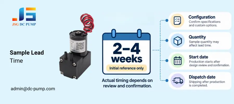 Custom mini pump sample timeline showing a 2–4 week initial reference and configuration, quantity, start date, and dispatch checks.