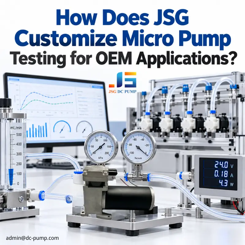 JSG micro pump testing setup for OEM applications with flow meters, pressure and vacuum gauges, and electrical monitoring equipment.