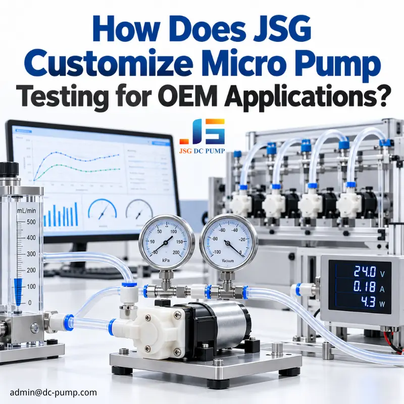 JSG micro pump testing setup for OEM applications with flow meters, pressure and vacuum gauges, and electrical monitoring equipment.