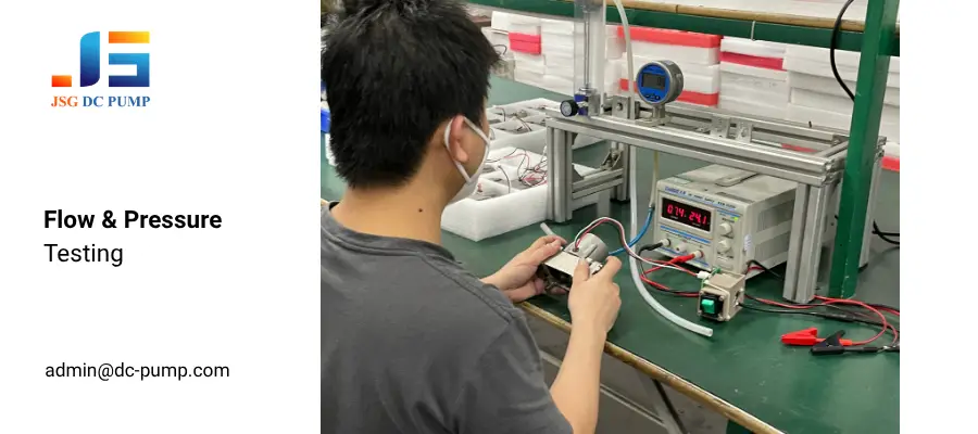 JSG technician testing micro pump flow and pressure using laboratory measurement equipment.
