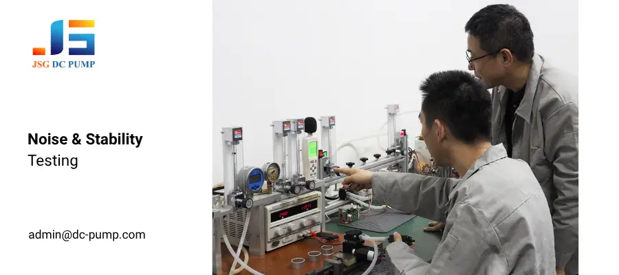 JSG engineers evaluating micro pump operating stability using laboratory test equipment.