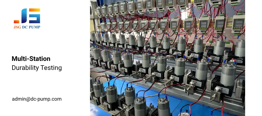 JSG multi-station micro pump durability testing equipment with multiple pumps and digital monitoring instruments.