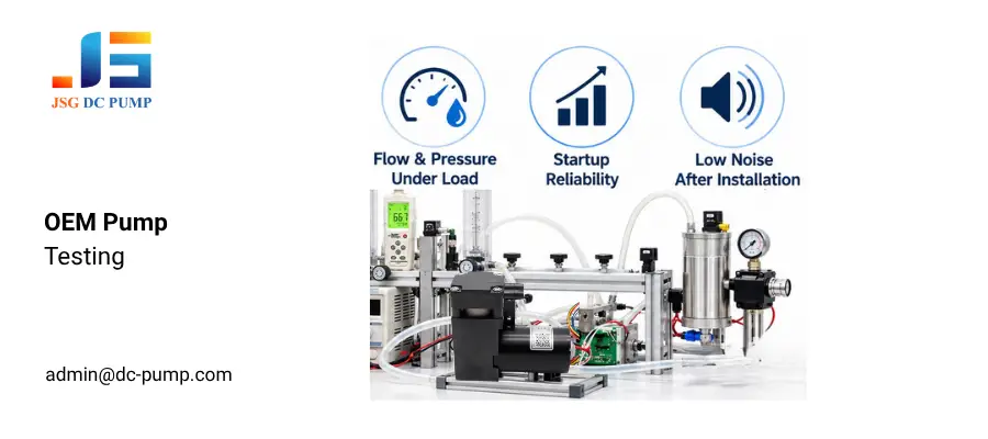 OEM micro pump testing setup illustrating flow under load, startup reliability, and noise performance after installation.