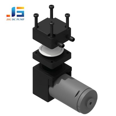 Exploded view of a compact DC diaphragm air pump showing internal components